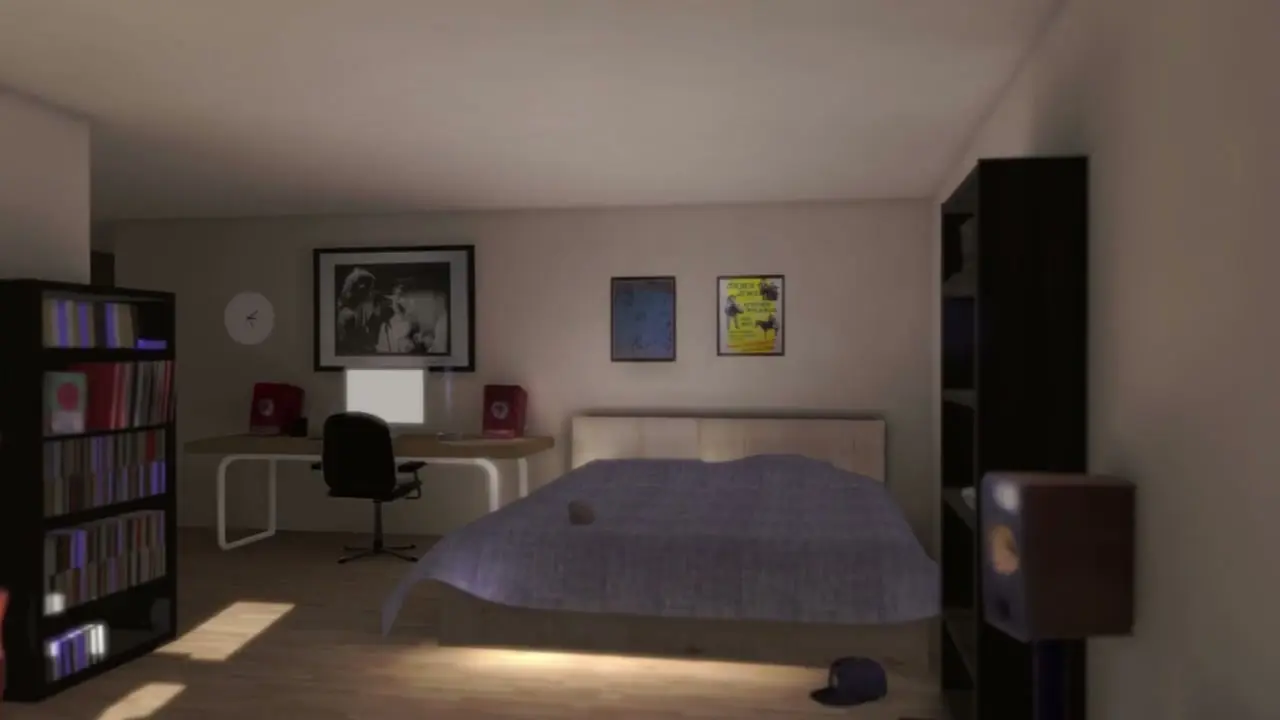 The reconstructed studio in daylight: bed, desk, shelves and posters