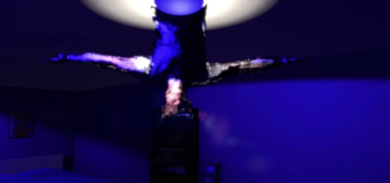 An upside-down figure in a blue room