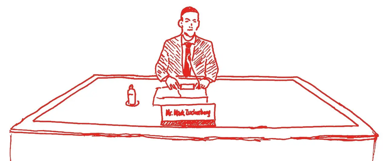 Red line drawing of Mark Zuckerberg testifying at a long table
