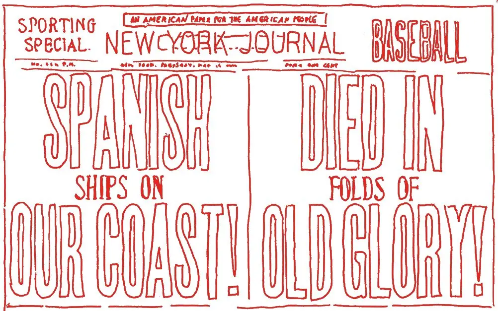 Red line drawing of a yellow-press front page