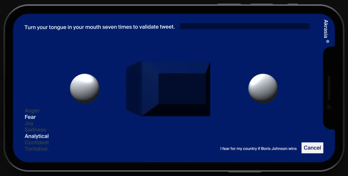 The app’s mask screen, for a tweet it reads as fearful and analytical: “Turn your tongue in your mouth seven times to validate tweet.” Rebuilt in 2026 from the app’s Unity project
