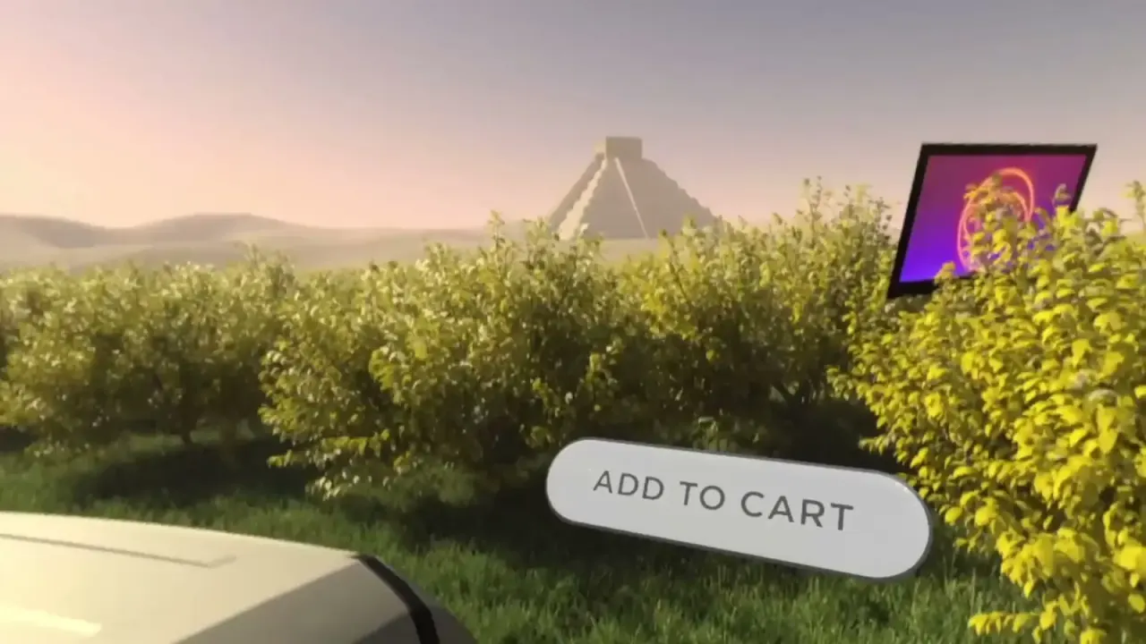 From the back of a pickup, an ‘Add to cart’ button over green hills and a pyramid