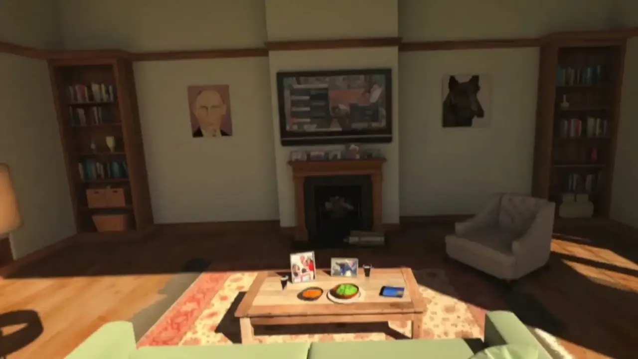 A living room with a portrait above the fireplace