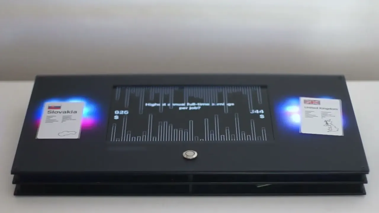 The Factoid board: two cards, a question on the screen, lit LEDs