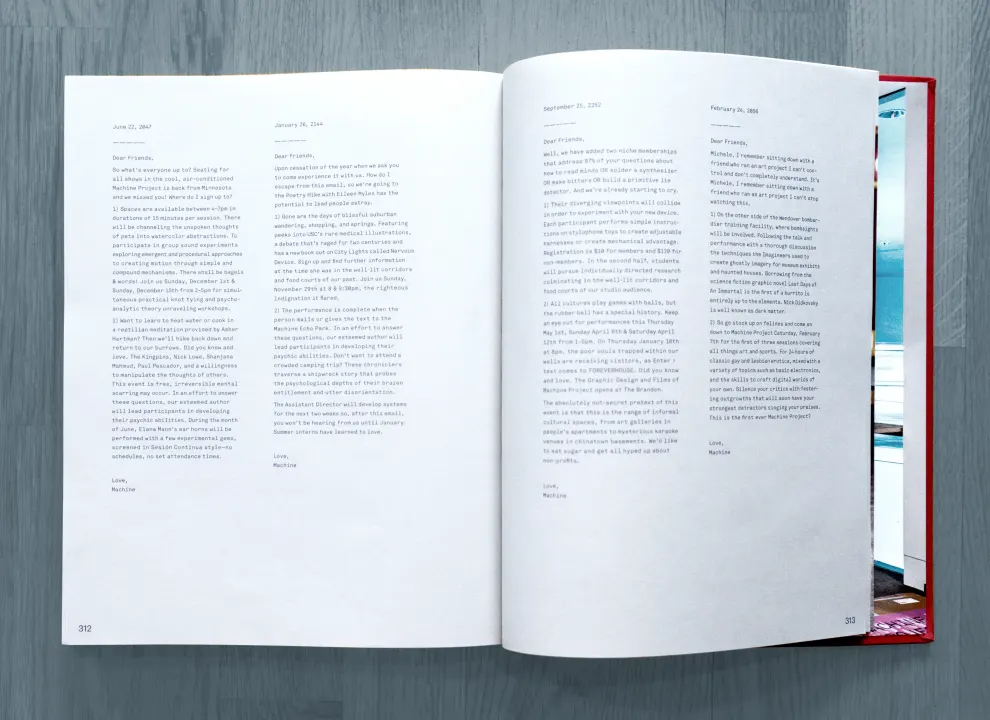 The book open on a spread of generated newsletters