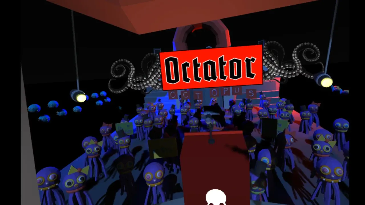 Octator in virtual reality: a crowd of octopuses before a podium, under a red sign