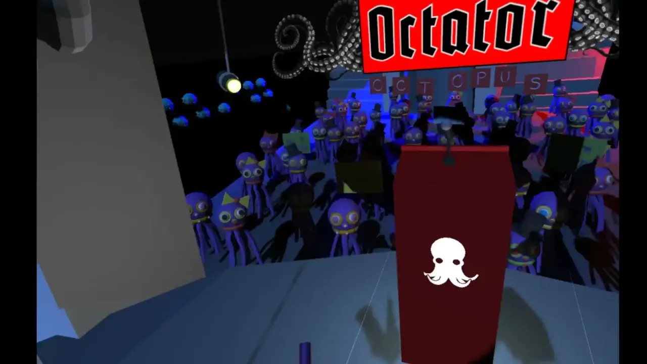 The podium, marked with an octopus emblem