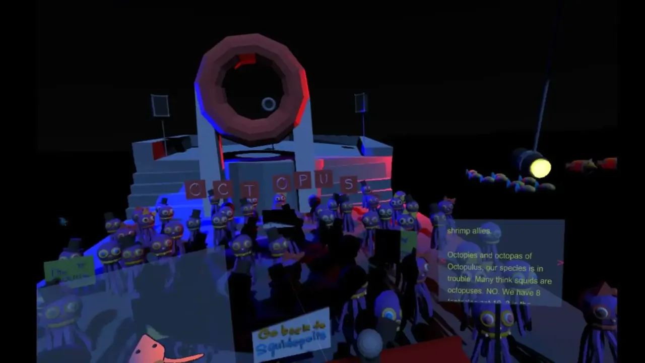 A speech scrolling on a teleprompter above the crowd
