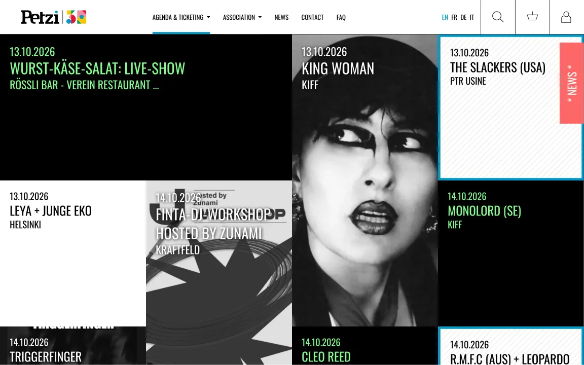 The Petzi website: event listings from member venues, in black, white and green