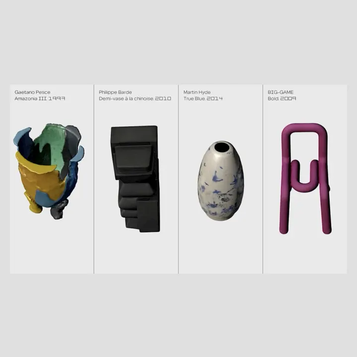 The four scanned works on screen: Gaetano Pesce’s Amazonia III (1997), Philippe Barde’s Demi-vase à la chinoise (2010), Martin Hyde’s True Blue (2014) and BIG-GAME’s Bold (2009)