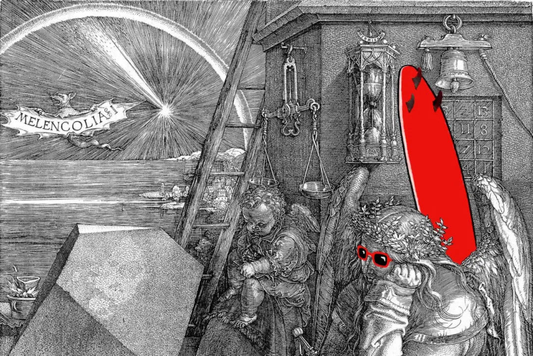 The cover of Sonotone’s last issue: Dürer’s Melencolia I, with a red surfboard and red sunglasses