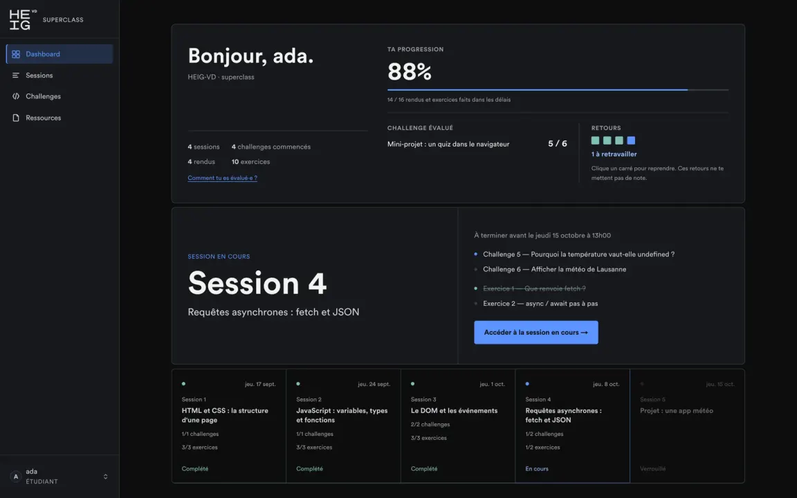 A student’s Superclass dashboard: progress, a graded challenge, feedback with one answer to rework, the current session’s tasks and the course’s five sessions