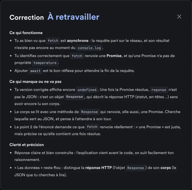 An AI review in Superclass: « À retravailler », then what works, what is missing and how clear the answer is, without a grade